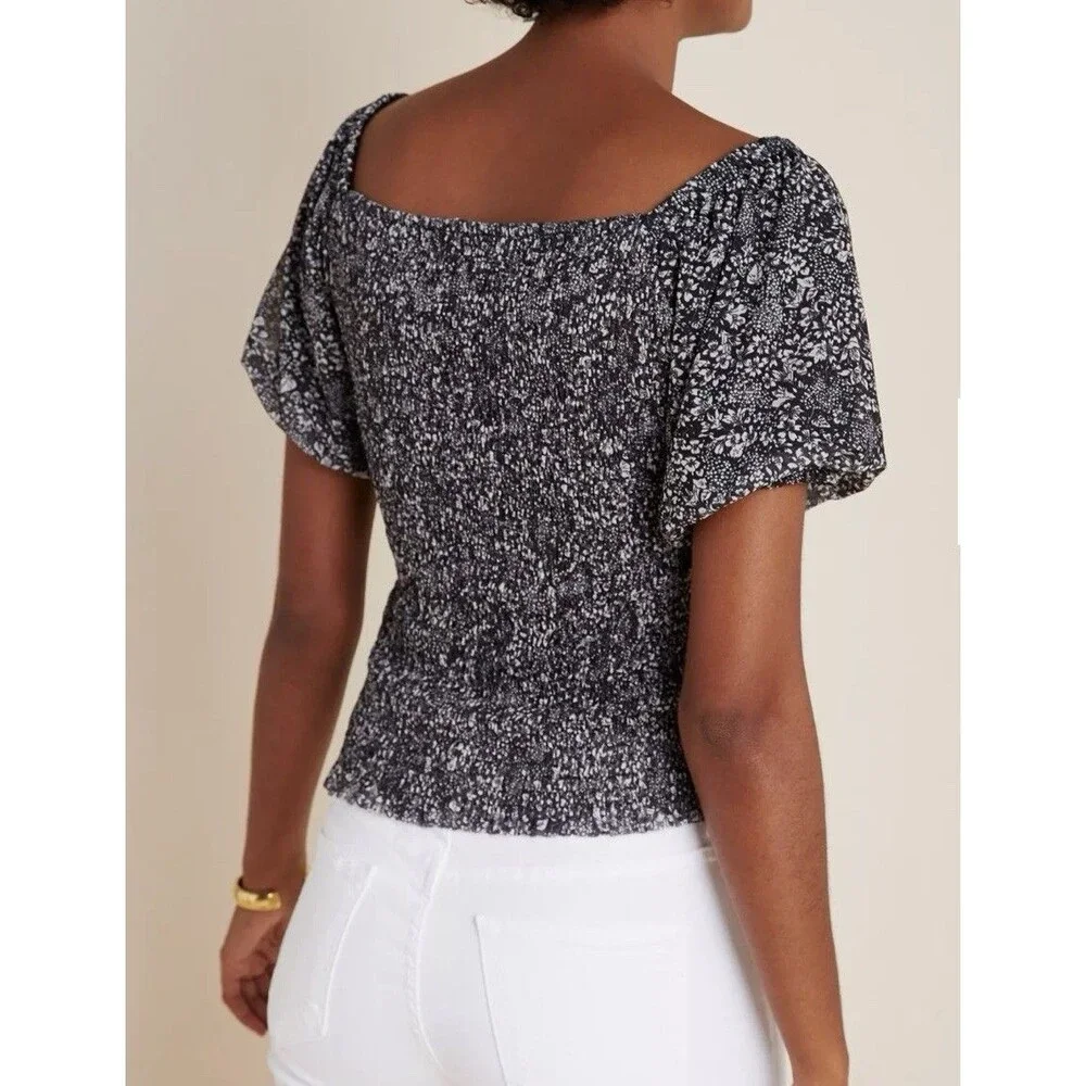Anthropologie Smocked Top Black White Floral Mesh Puff Sleeve Boho Coquette L